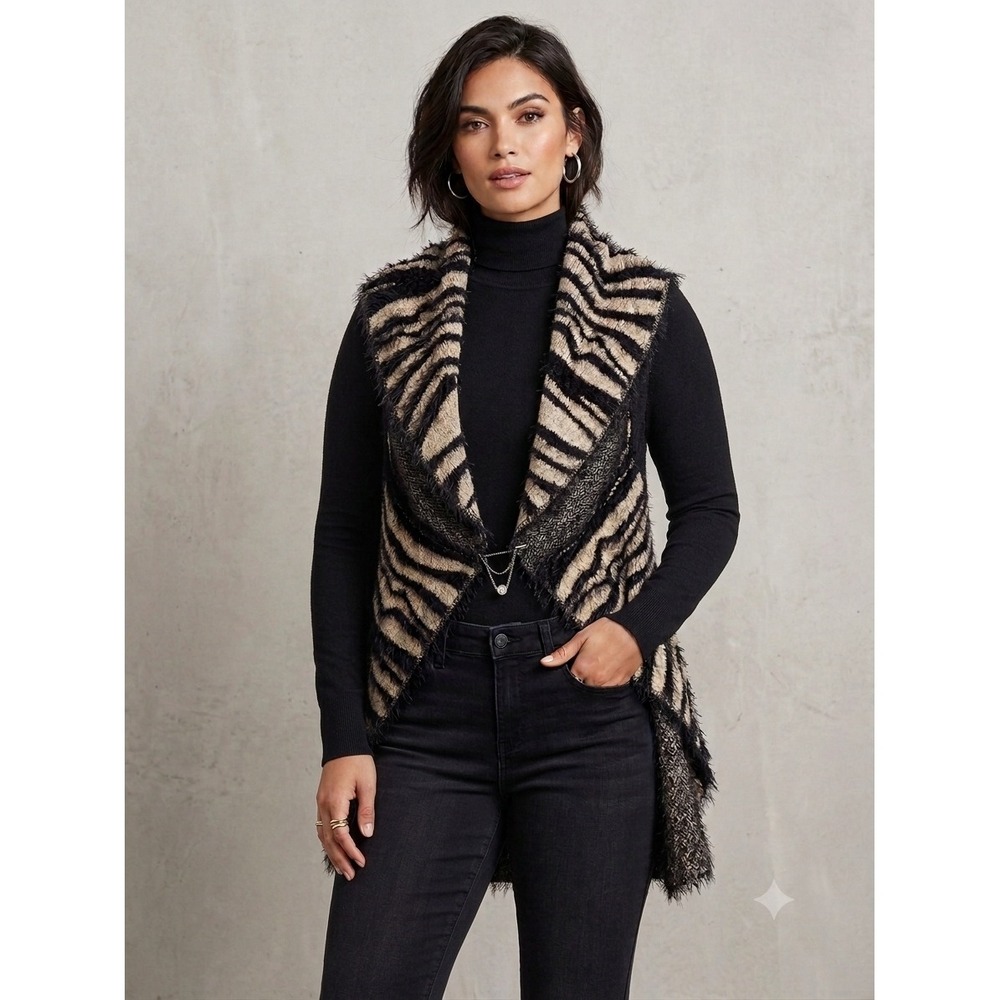 Sioni Studio Glam Rocker Zebra Print Eyelash Knit Dark Academia Vest Wool Bl PL
